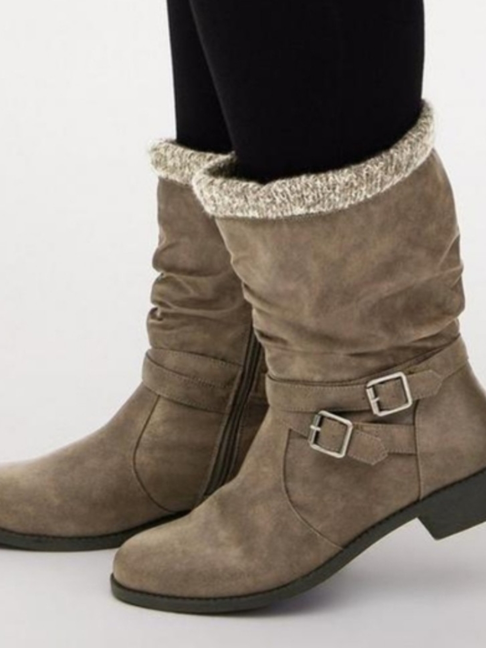torrid Gray Toupe Knit-Cuff Mid-Calf Heeled Boots With Buckle